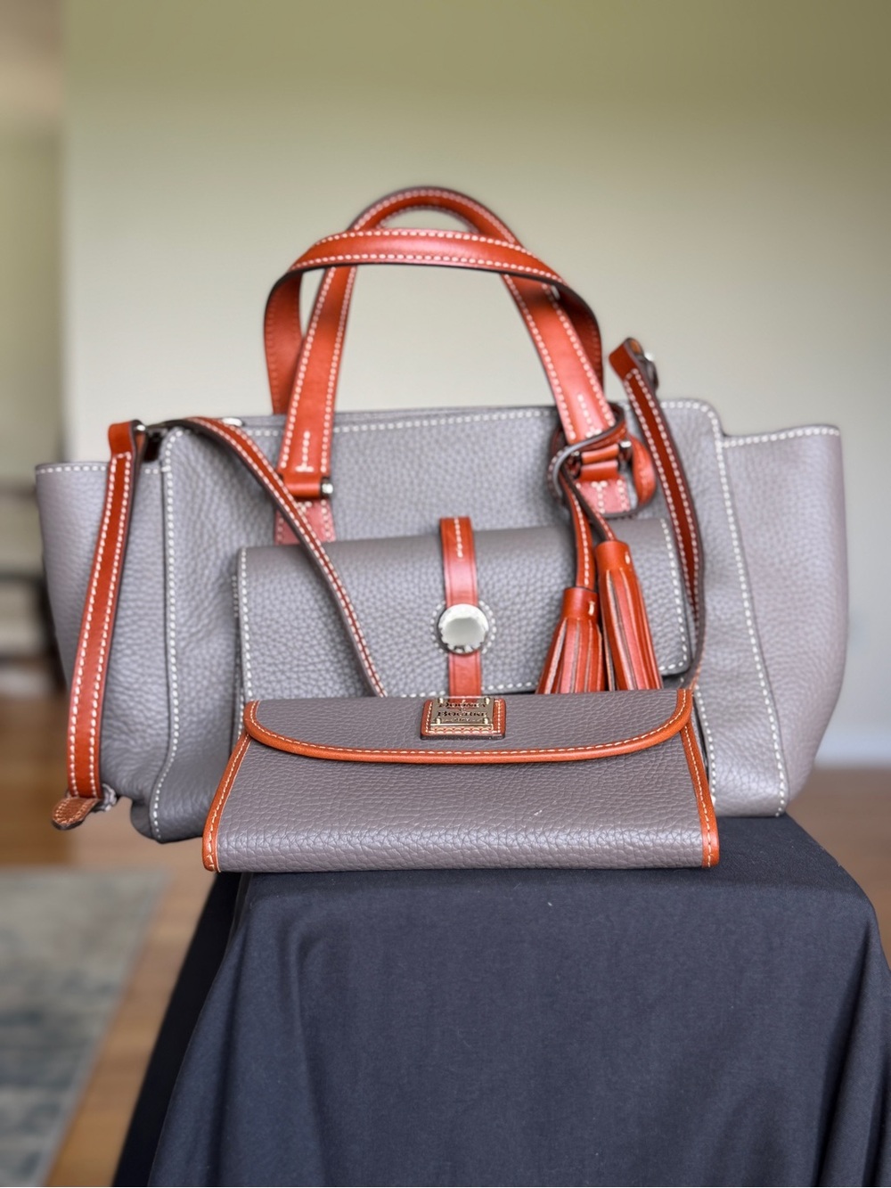 Dooney & Bourke Taupe Leather Tote with Orange Trim & Wallet Set